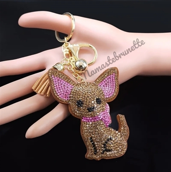 Chihuahua Dog Crystal Rhinestone Keychain Bag Charm With Tan Tassel - Picture 11 of 17